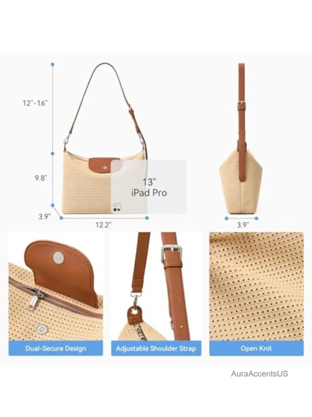 Crochet Shoulder Hobo Bag Vegan Leather PU Purse Summer Travel
